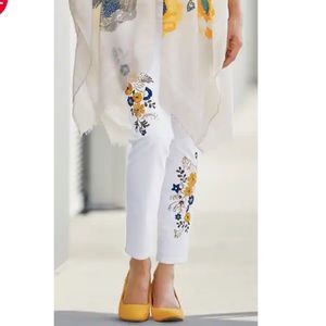 - Beautiful Monroe And Main Floral gold and Blue Embroidery on White jeans.